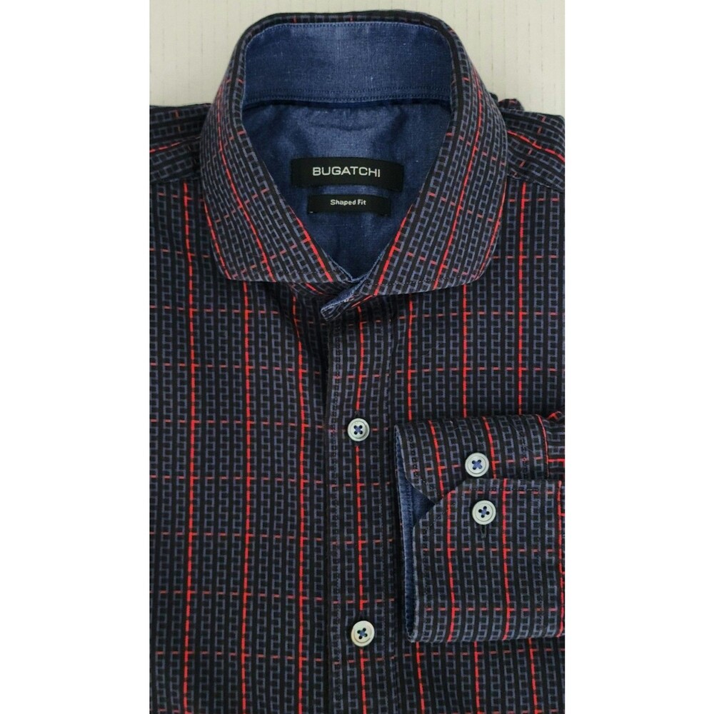 Bugatchi Men's Shaped Fit Cotton Button Up Shirt Black Red Casual Office Sz S